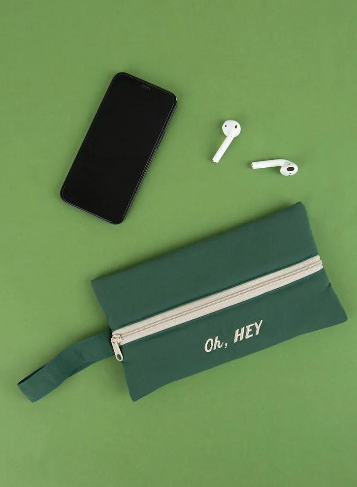 Green Oh Hey Typo Embroidery Airy Strap Pouches Slim Pencil Cases Ultra Light Stationery School Office Cosmetics Bags Gifts Bags