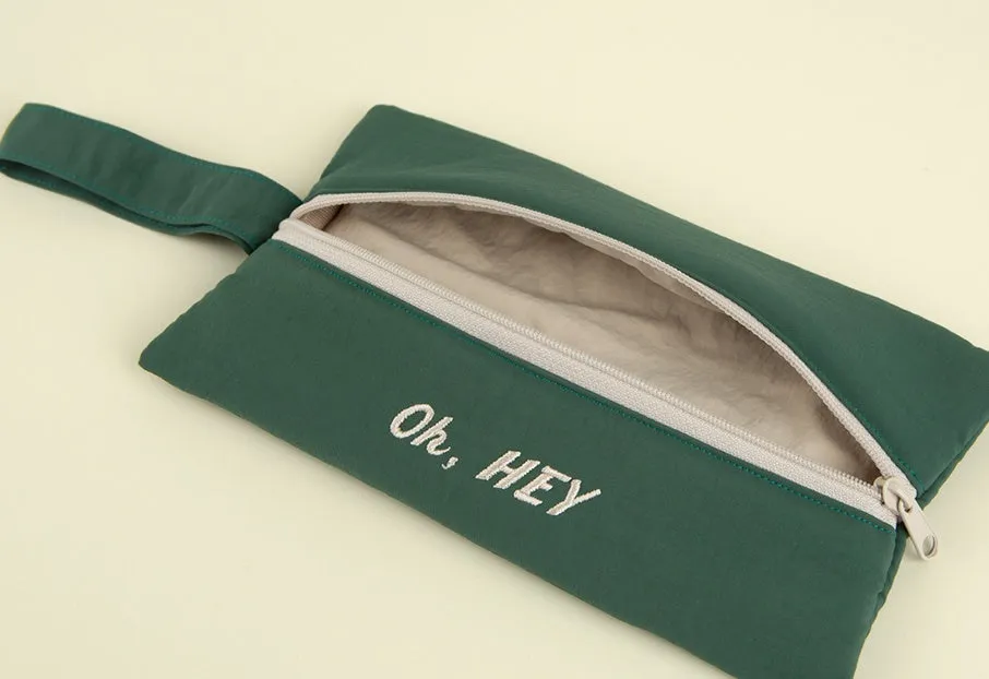 Green Oh Hey Typo Embroidery Airy Strap Pouches Slim Pencil Cases Ultra Light Stationery School Office Cosmetics Bags Gifts Bags