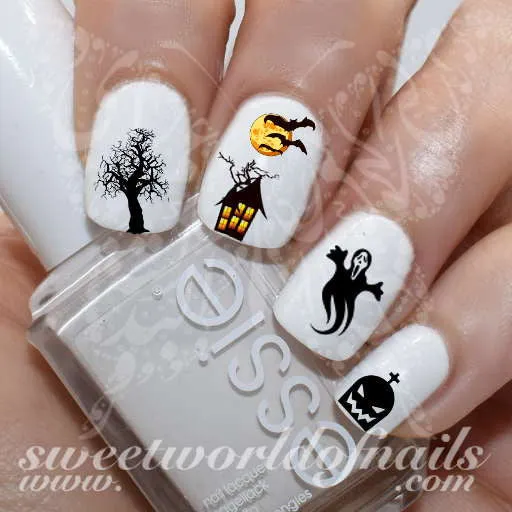 Halloween Nail Art Ghost House Bats Tree Nail Water Decals Slides