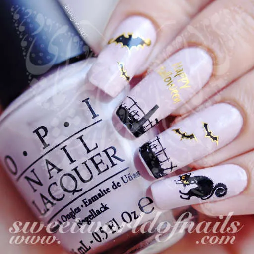 Halloween Nail Art Gold Bats and Cats Nail Water Decals