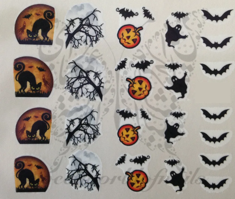 Halloween Nail Art Scary cat bats tree ghost Nail Water Decals