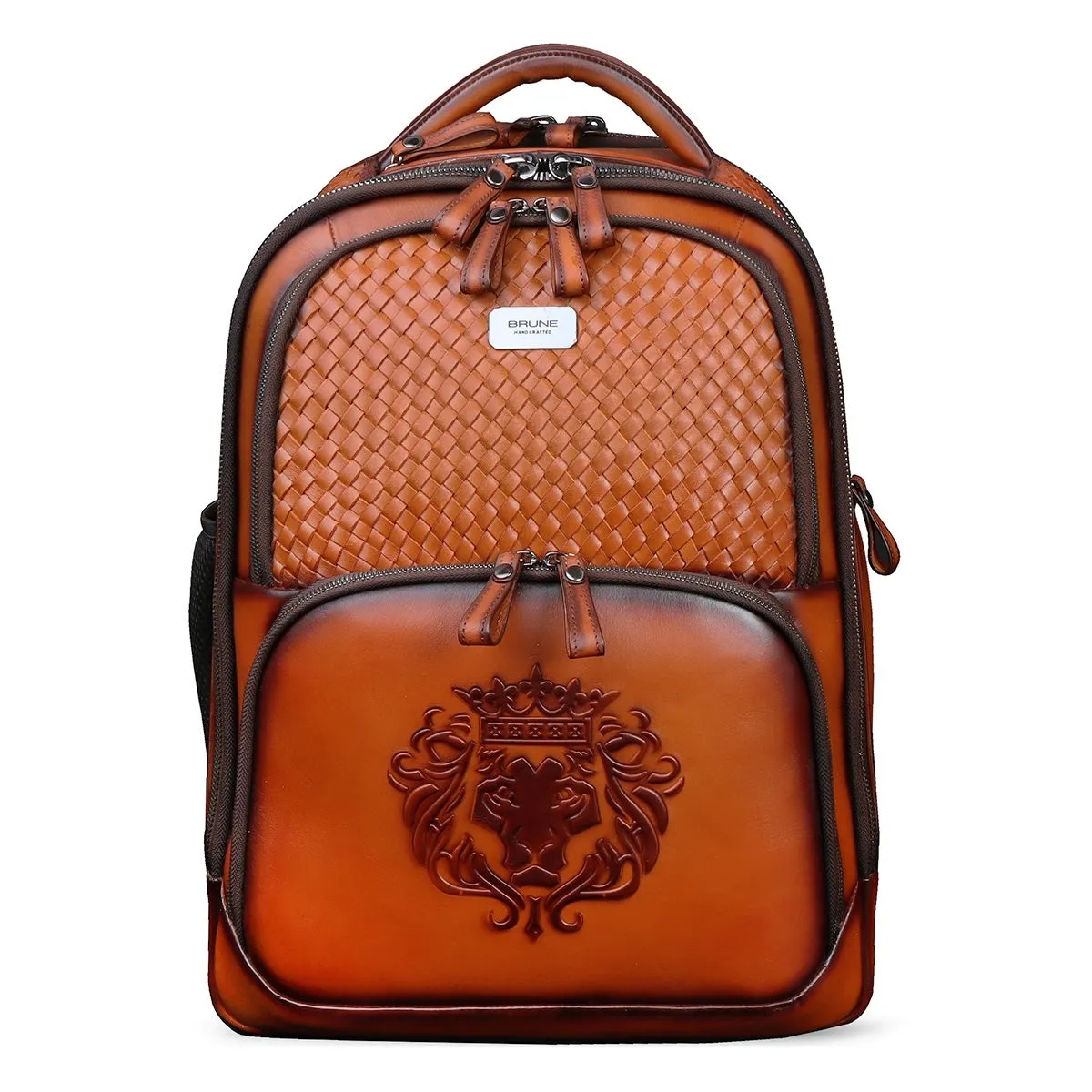 Hand Painted Weaved Backpack Genuine in Tan Leather with Embossed Lion Logo by Brune & Bareskin