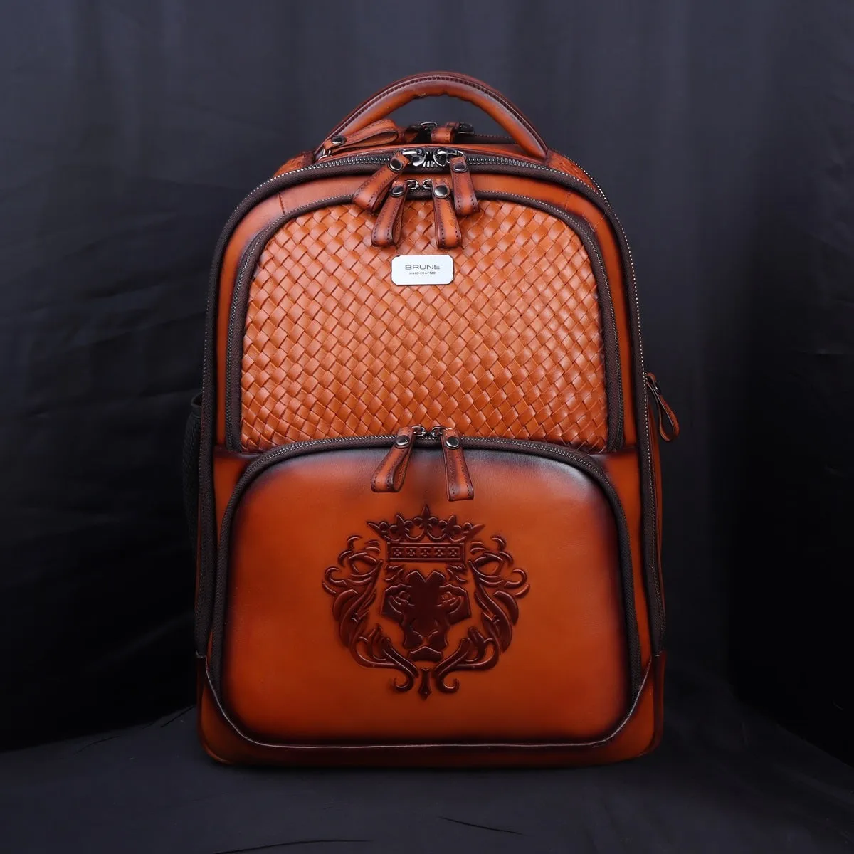 Hand Painted Weaved Backpack Genuine in Tan Leather with Embossed Lion Logo by Brune & Bareskin