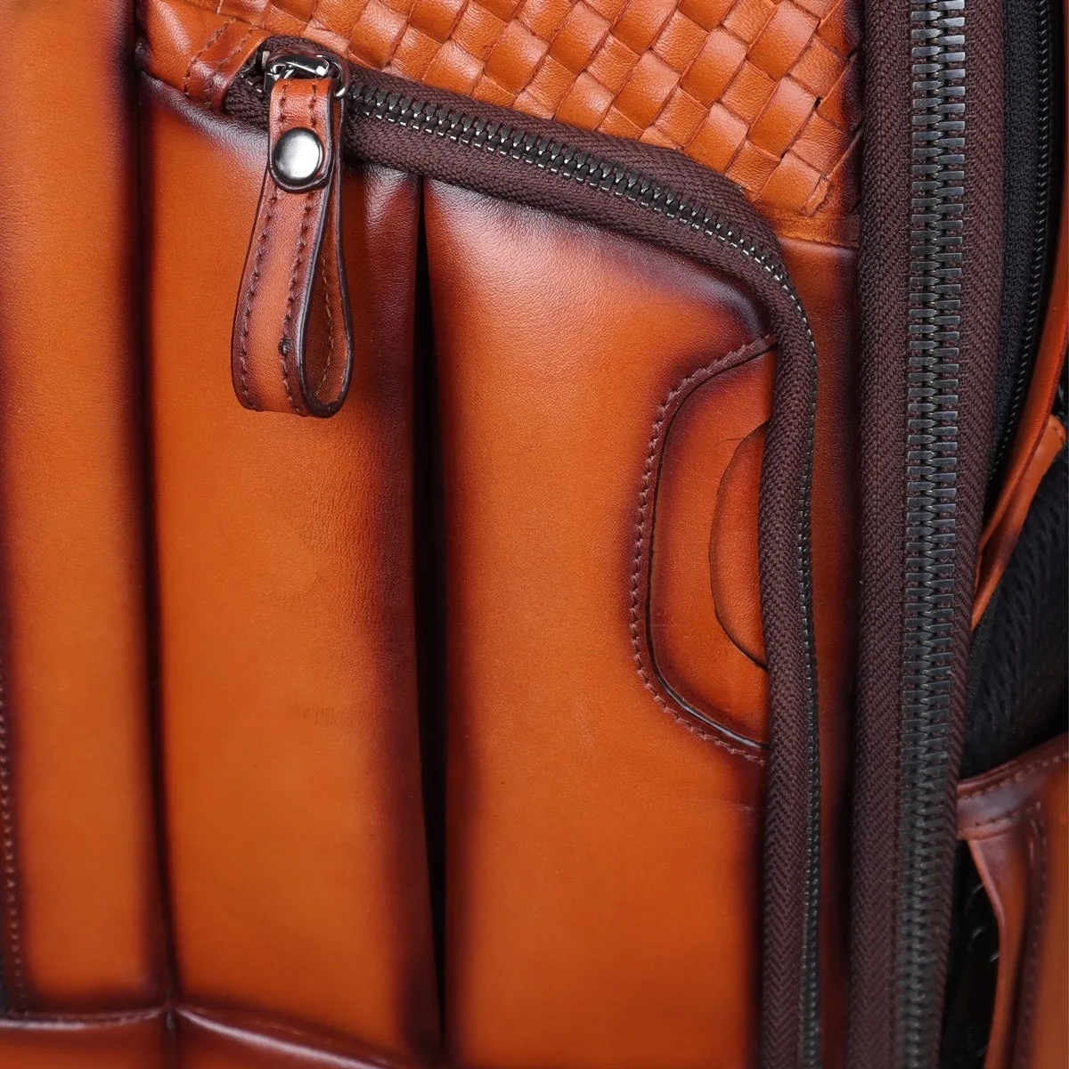 Hand Painted Weaved Backpack Genuine in Tan Leather with Embossed Lion Logo by Brune & Bareskin