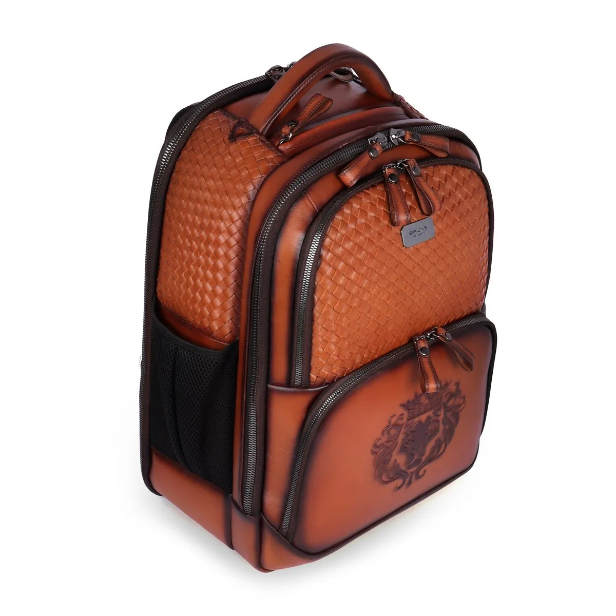 Hand Painted Weaved Backpack Genuine in Tan Leather with Embossed Lion Logo by Brune & Bareskin