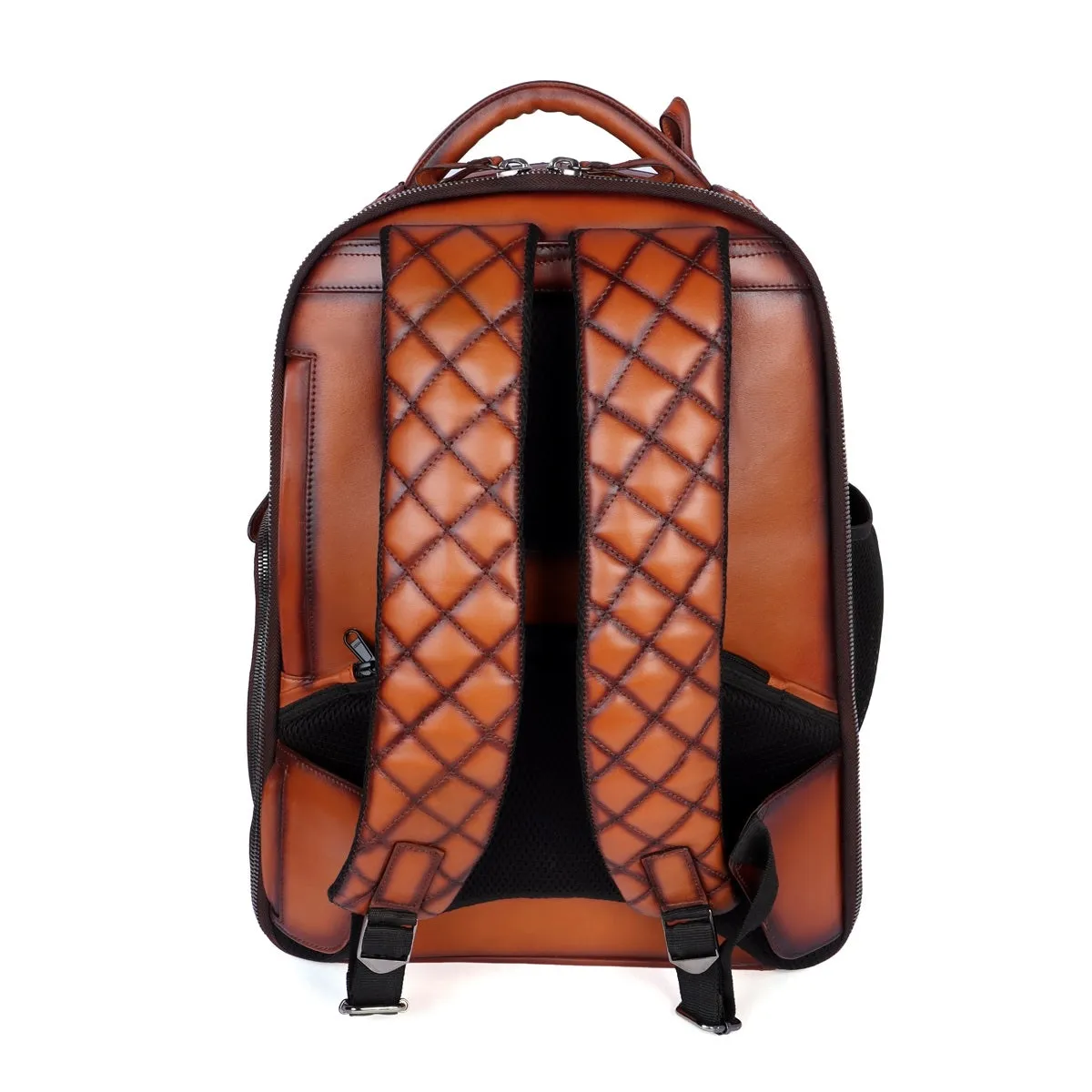 Hand Painted Weaved Backpack Genuine in Tan Leather with Embossed Lion Logo by Brune & Bareskin