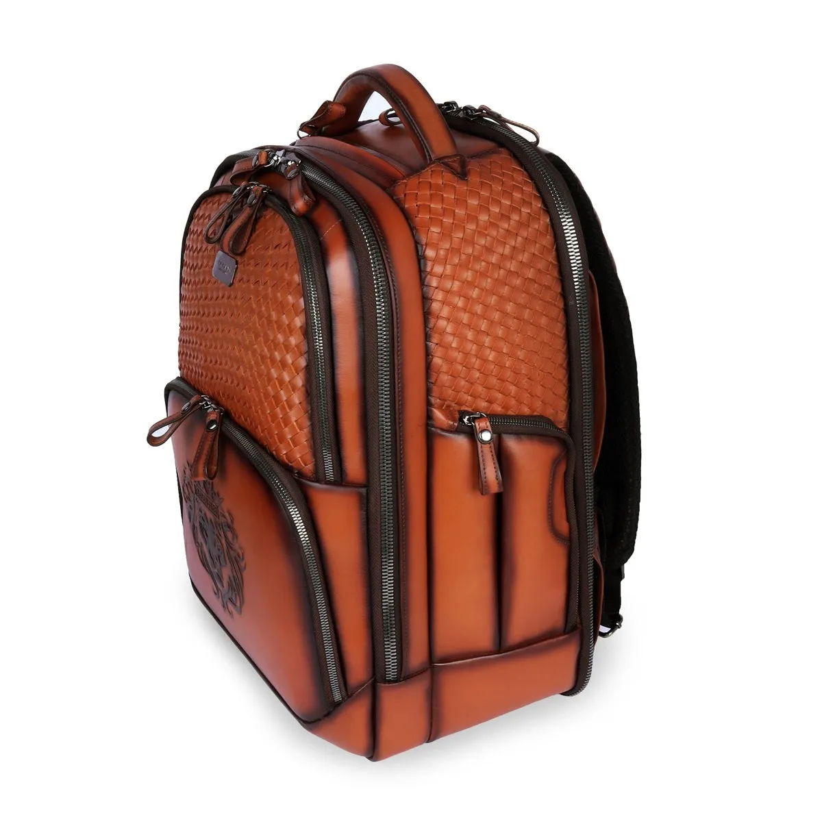 Hand Painted Weaved Backpack Genuine in Tan Leather with Embossed Lion Logo by Brune & Bareskin