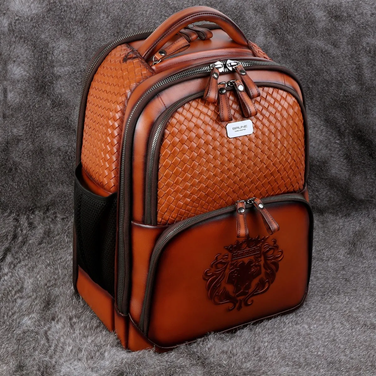 Hand Painted Weaved Backpack Genuine in Tan Leather with Embossed Lion Logo by Brune & Bareskin