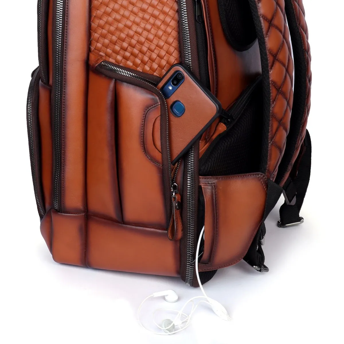 Hand Painted Weaved Backpack Genuine in Tan Leather with Embossed Lion Logo by Brune & Bareskin