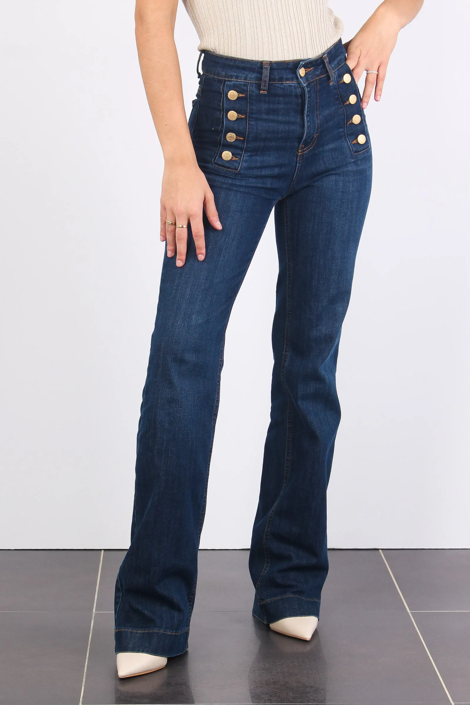 Jeans Palazzo Bottoni Denim Scuro