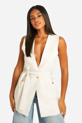 Longline Sleeveless Belted Blazer