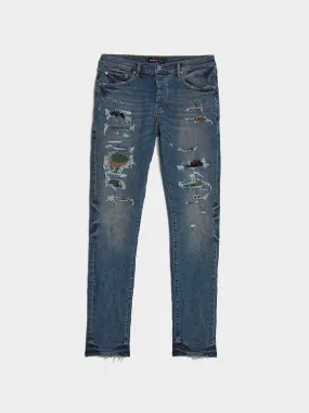 Low Rise Slim Leg Jean, Mid Indigo Camo Repair