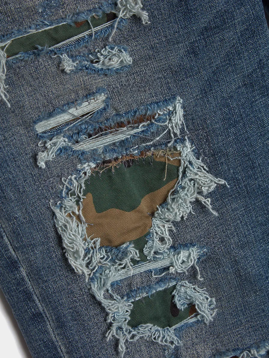 Low Rise Slim Leg Jean, Mid Indigo Camo Repair