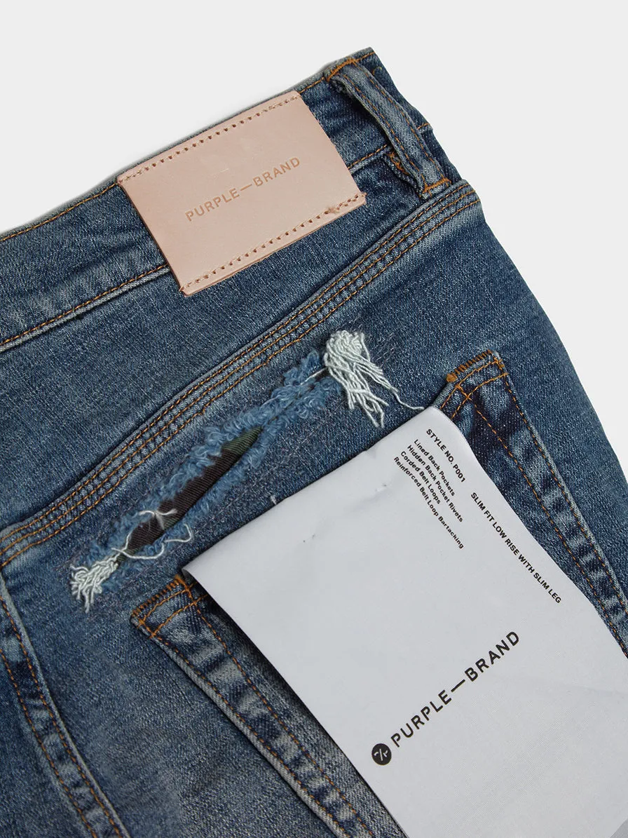 Low Rise Slim Leg Jean, Mid Indigo Camo Repair