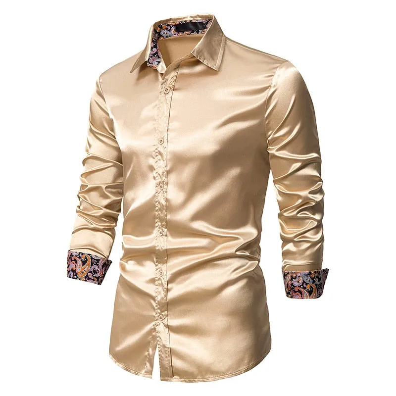 Men's Casual Satin Silk Patchwork Turn-down Collar Slim Fit Long Sleeve Shirt