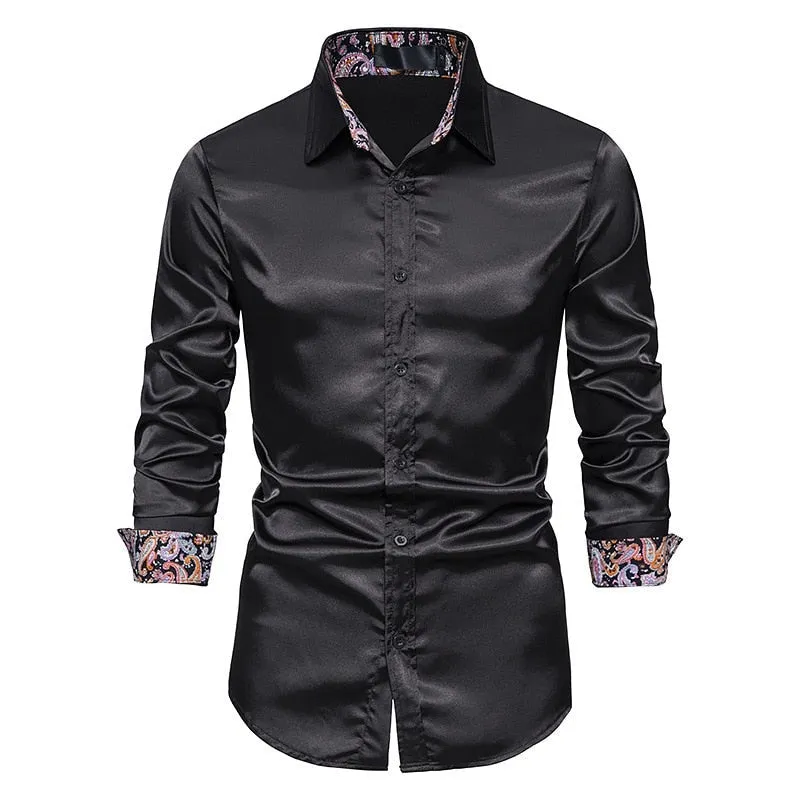 Men's Casual Satin Silk Patchwork Turn-down Collar Slim Fit Long Sleeve Shirt