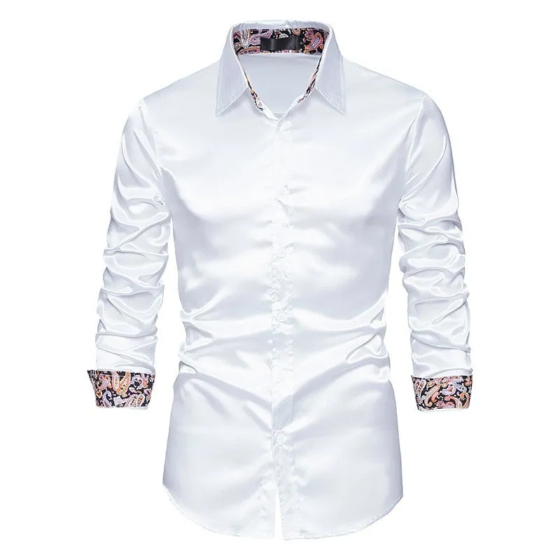 Men's Casual Satin Silk Patchwork Turn-down Collar Slim Fit Long Sleeve Shirt