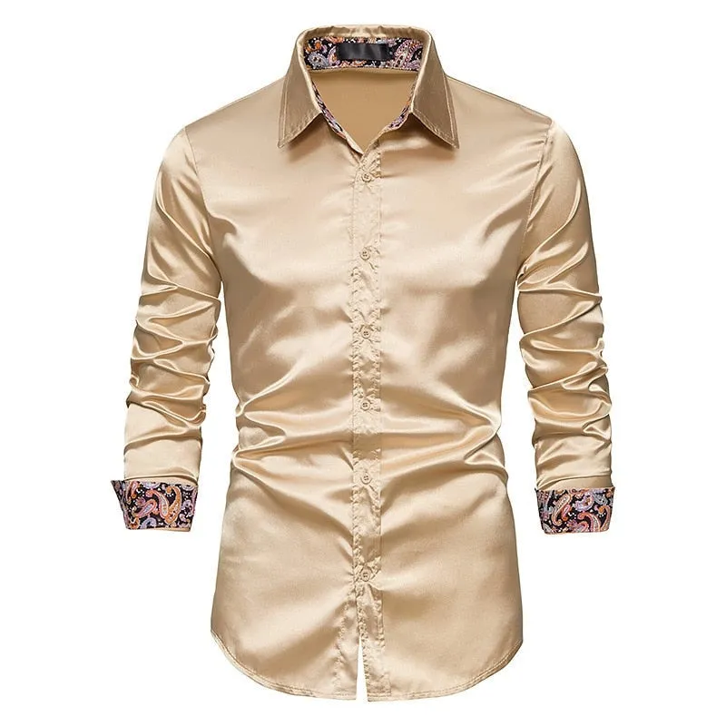 Men's Casual Satin Silk Patchwork Turn-down Collar Slim Fit Long Sleeve Shirt