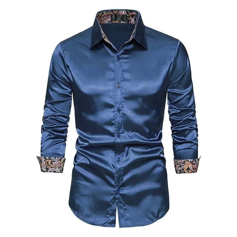 Men's Casual Satin Silk Patchwork Turn-down Collar Slim Fit Long Sleeve Shirt