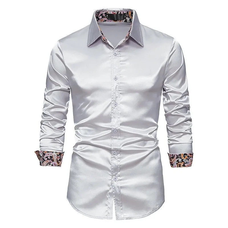 Men's Casual Satin Silk Patchwork Turn-down Collar Slim Fit Long Sleeve Shirt