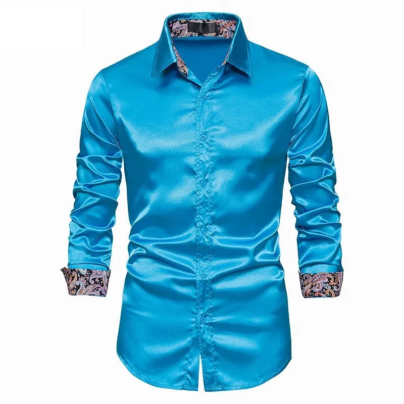 Men's Casual Satin Silk Patchwork Turn-down Collar Slim Fit Long Sleeve Shirt