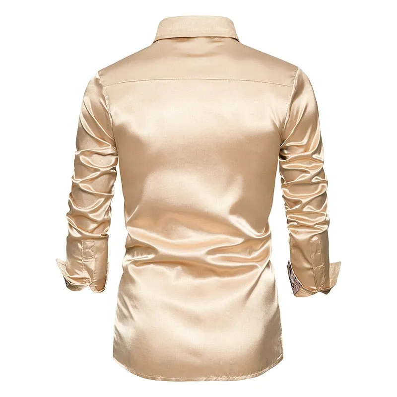 Men's Casual Satin Silk Patchwork Turn-down Collar Slim Fit Long Sleeve Shirt