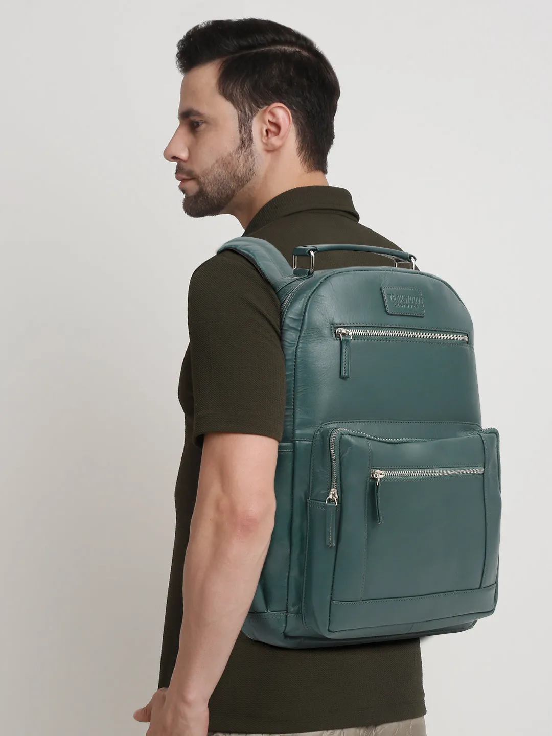 Men's Green Solid Leather backpack - Clearance sale