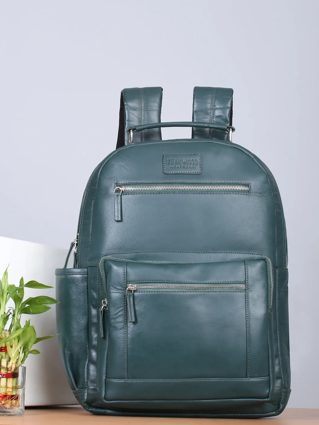 Men's Green Solid Leather backpack - Clearance sale