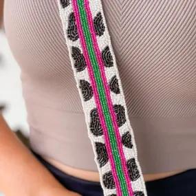 Pink & Green Stripe Cow Beaded Purse Strap