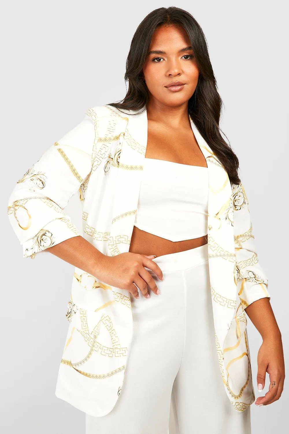 Plus Chain Print Ruched Sleeve Blazer