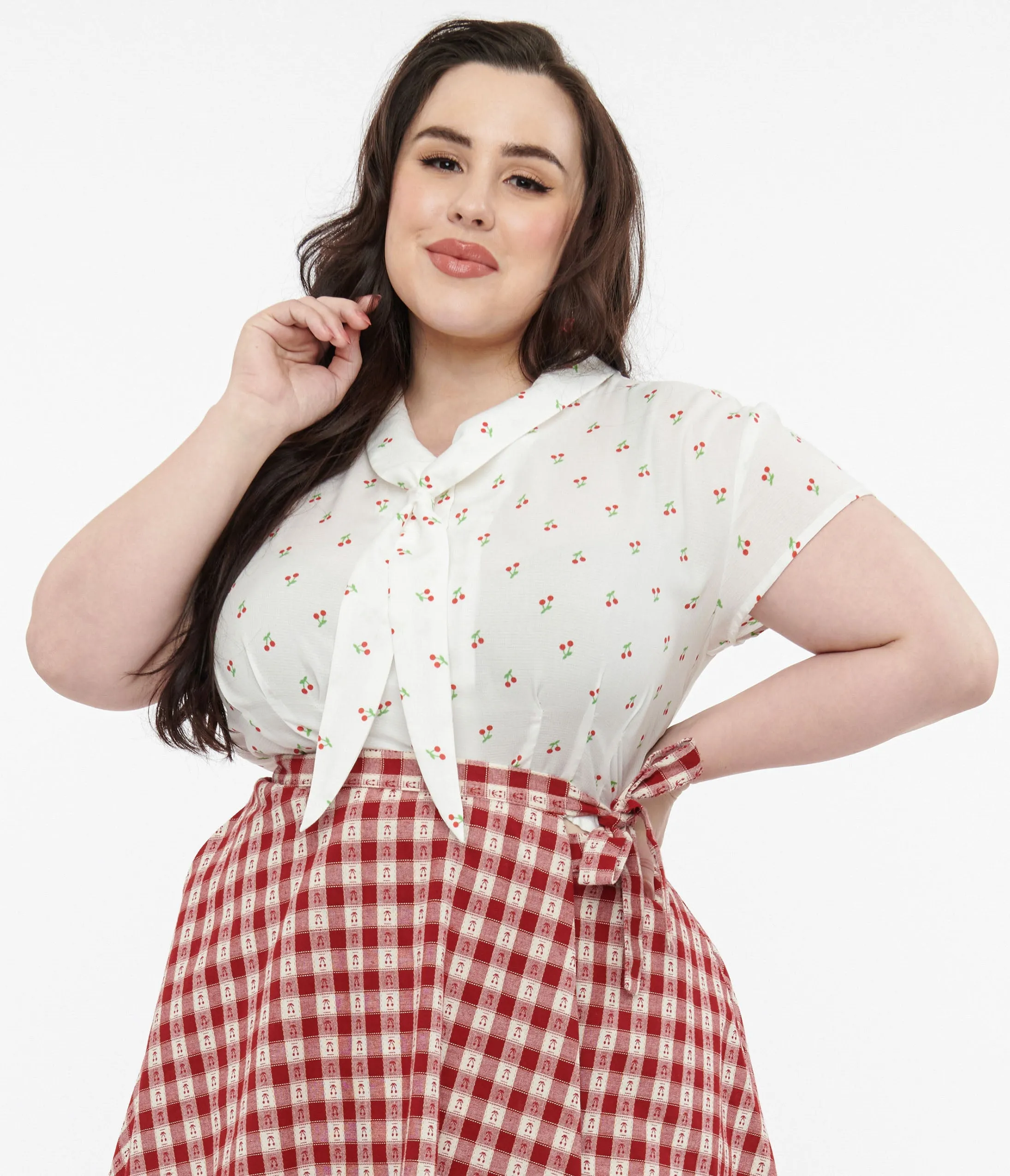 Plus Size 1950s White Cherry Print Blouse