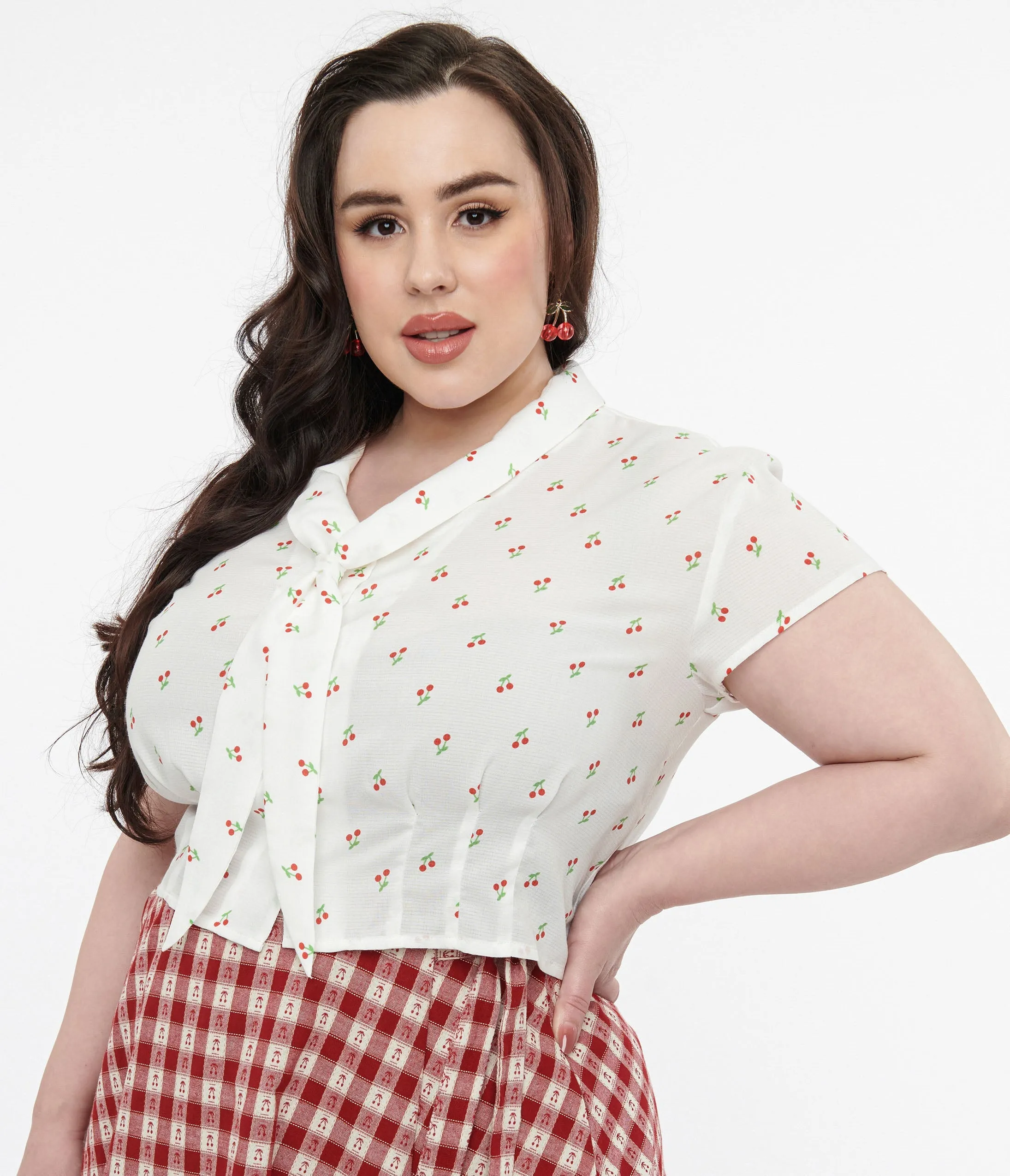 Plus Size 1950s White Cherry Print Blouse