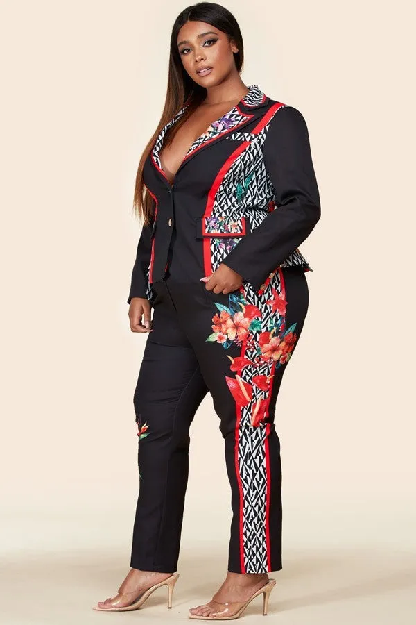 Plus-Size Black Flower Blazer Pant Suit Set