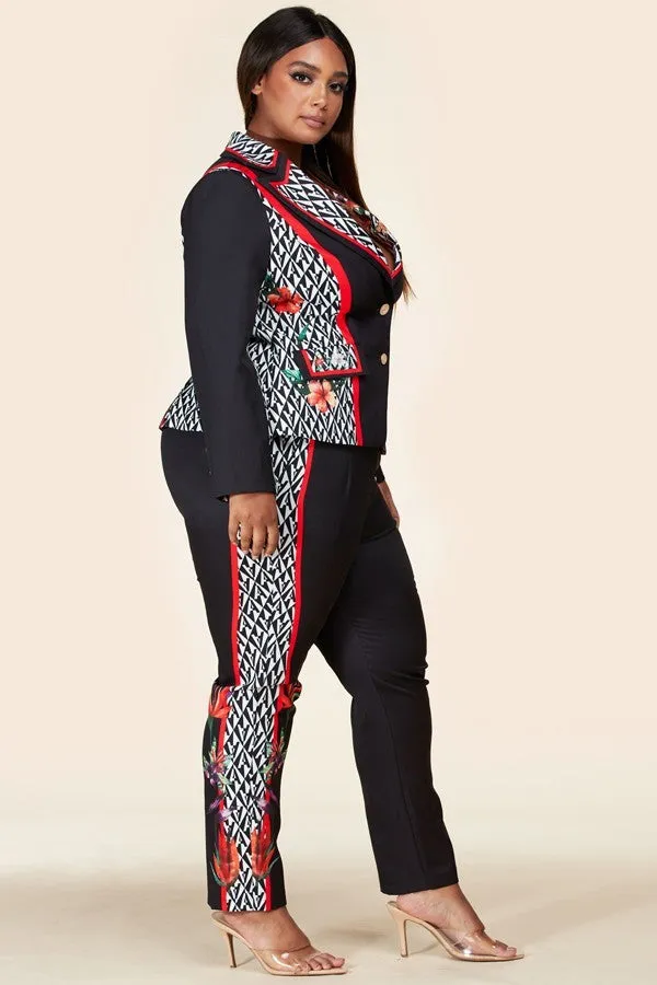 Plus-Size Black Flower Blazer Pant Suit Set