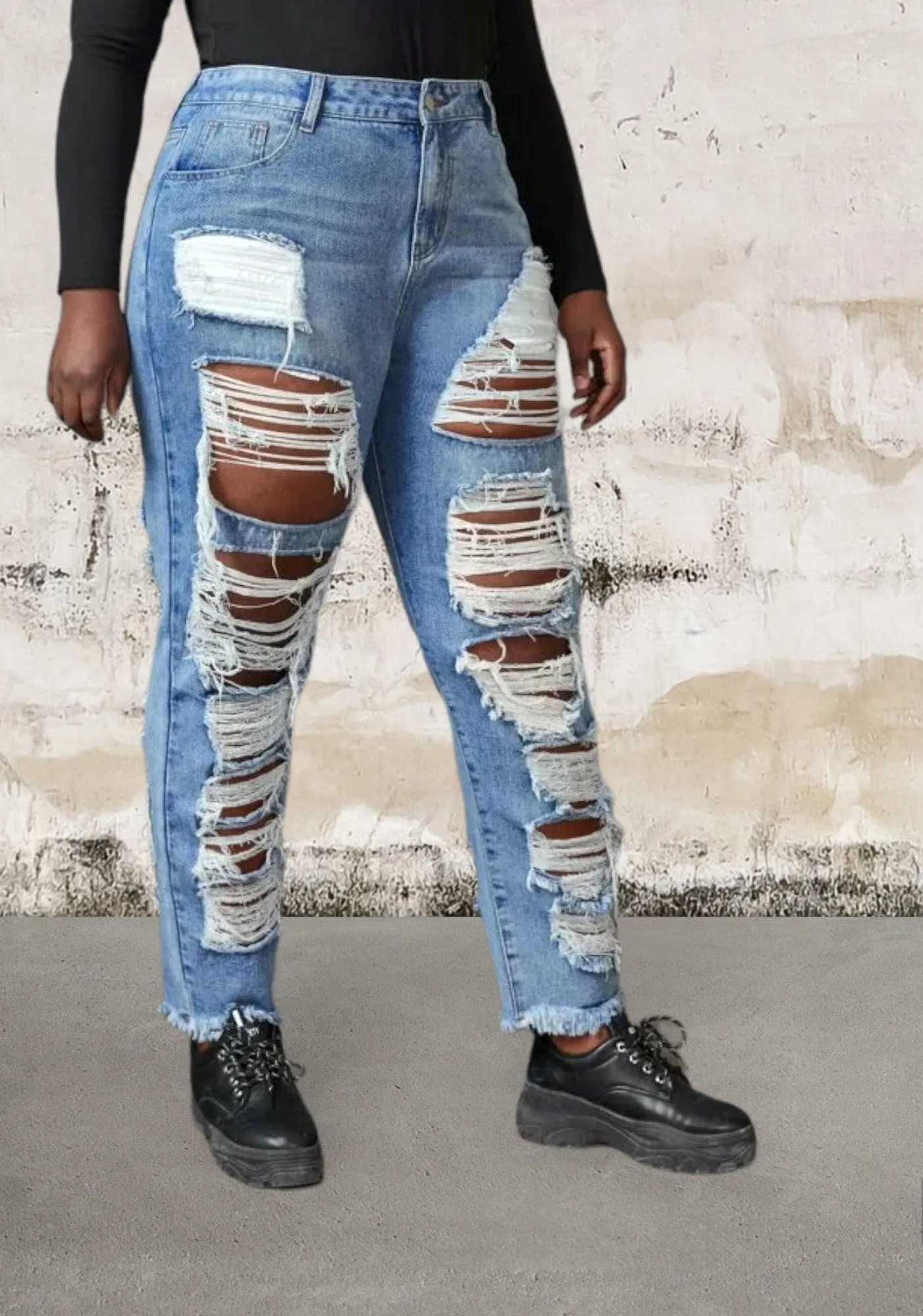 Plus size ripped raw hem jeans