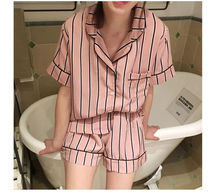 Plus Size Summer Women's Turn-down Collar 2 pcs Shirt Short Pajamas Set