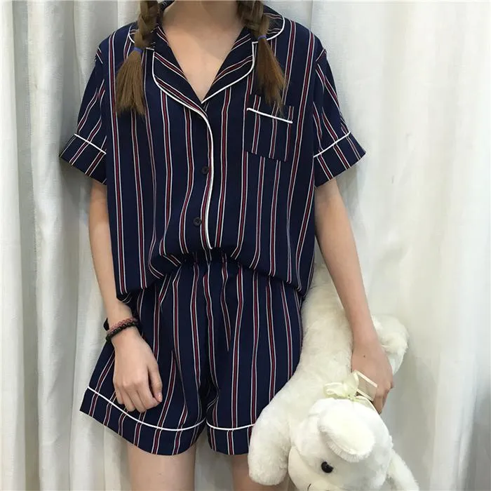 Plus Size Summer Women's Turn-down Collar 2 pcs Shirt Short Pajamas Set