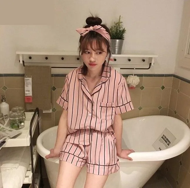 Plus Size Summer Women's Turn-down Collar 2 pcs Shirt Short Pajamas Set