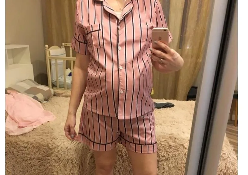 Plus Size Summer Women's Turn-down Collar 2 pcs Shirt Short Pajamas Set