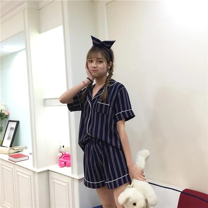 Plus Size Summer Women's Turn-down Collar 2 pcs Shirt Short Pajamas Set