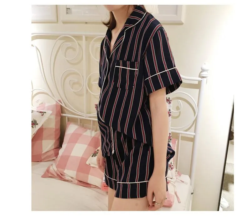 Plus Size Summer Women's Turn-down Collar 2 pcs Shirt Short Pajamas Set