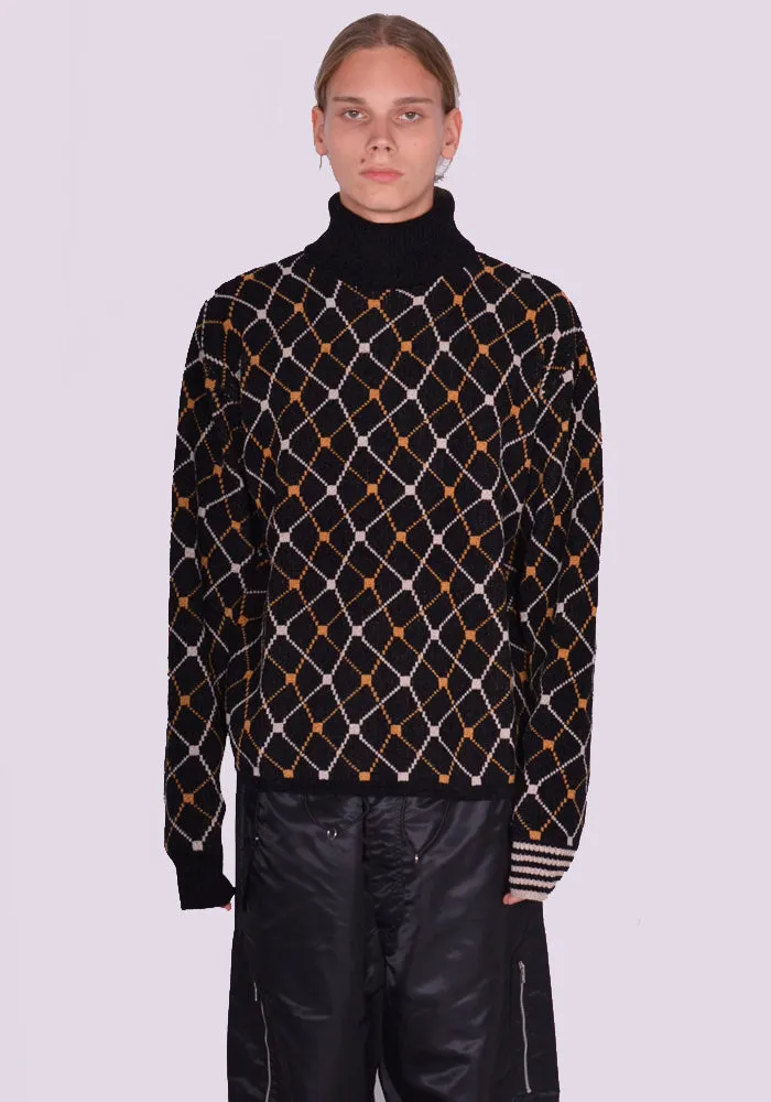 RANDOM IDENTITIES KN-10-22  ROLL NECK JACQUARD KNIT SWEATER BLACK