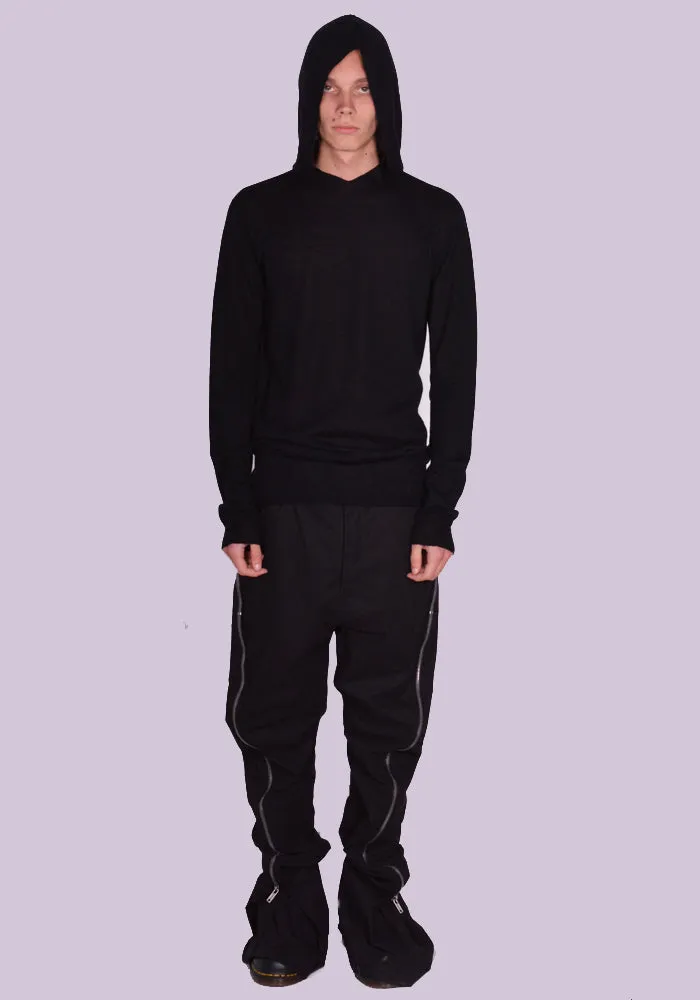 RICK OWENS MEN RU01D3623 WS 09 HOODED KNIT SWEATER BLACK