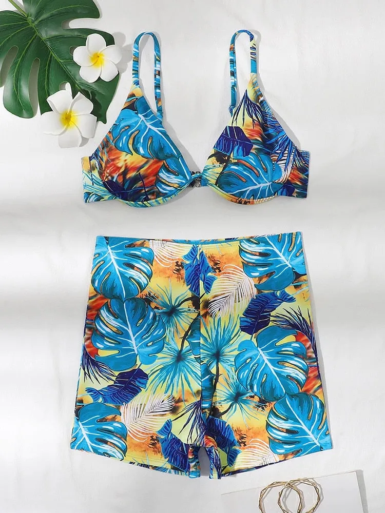 Sexy Floral Printed Push Up High Waist Bathing Bikini Set Swimsuit for Women