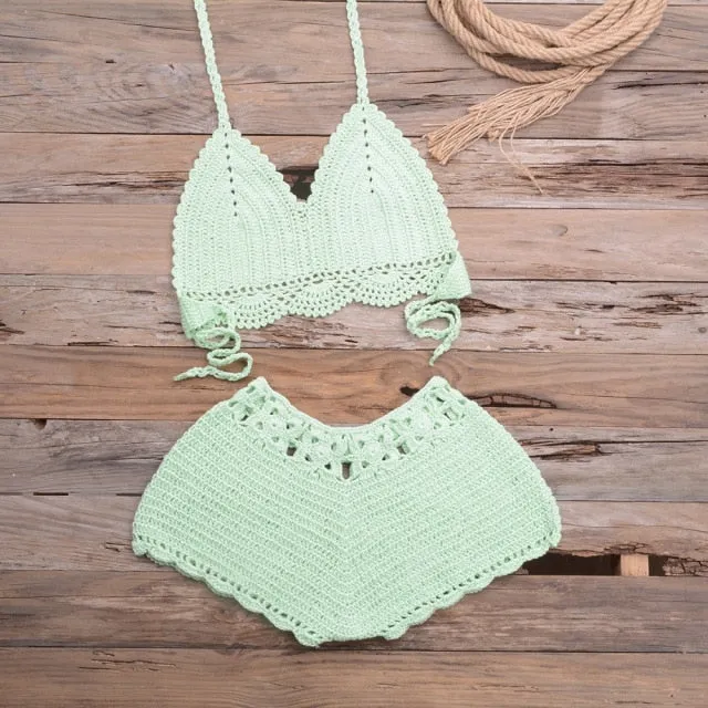 Sexy Hollow Out Knitted Crochet Swimsuit Solid High Waist Women's Bikini