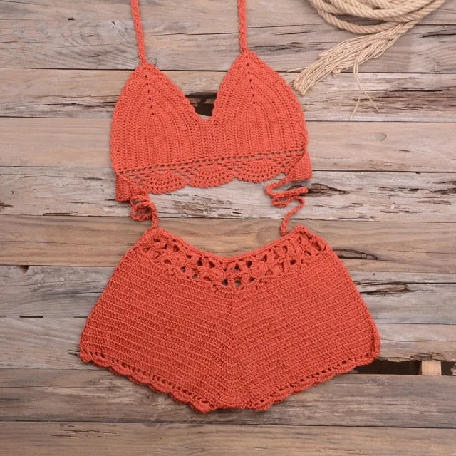 Sexy Hollow Out Knitted Crochet Swimsuit Solid High Waist Women's Bikini