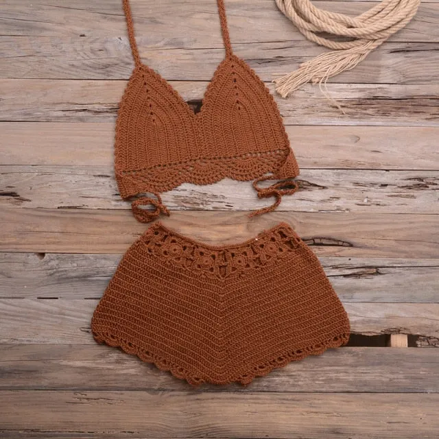 Sexy Hollow Out Knitted Crochet Swimsuit Solid High Waist Women's Bikini