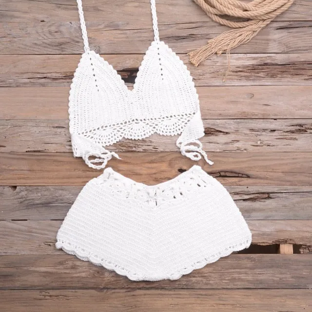 Sexy Hollow Out Knitted Crochet Swimsuit Solid High Waist Women's Bikini