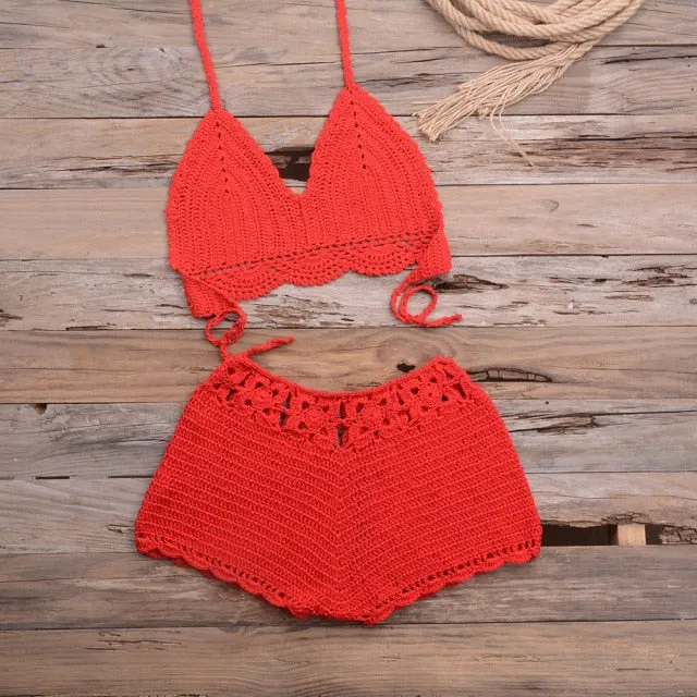 Sexy Hollow Out Knitted Crochet Swimsuit Solid High Waist Women's Bikini