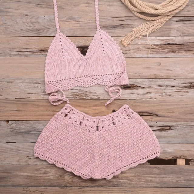 Sexy Hollow Out Knitted Crochet Swimsuit Solid High Waist Women's Bikini